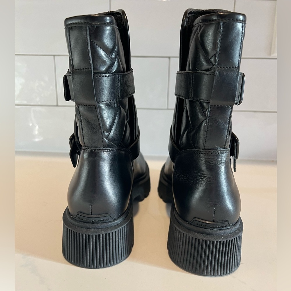 NEW Kurt Geiger Kingston Quilted Moto Black Leather Boots with Buckle Sz 8.5